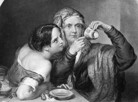 A vintage black and white print featuring two women looking into a tea cup.