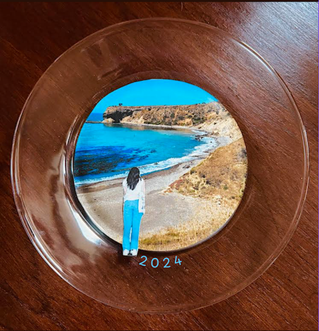 A photo of a plate featuring a beach scene.