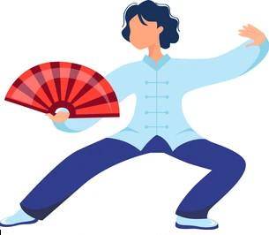A color graphic of a woman holding a fan in a Tai Chi pose.