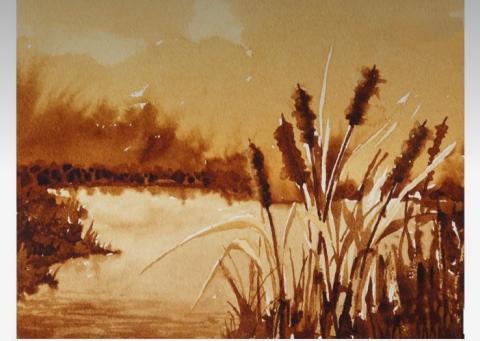 A landscape painted using coffee.