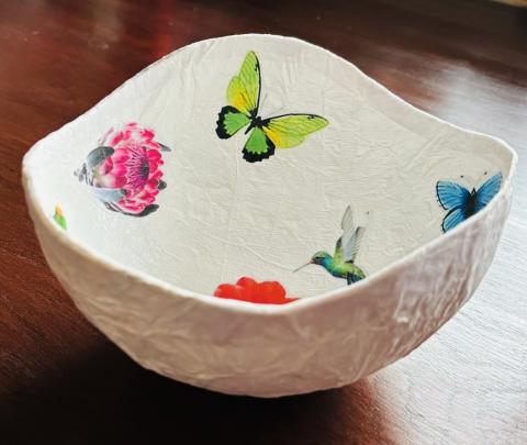 A photo of a paper mache bowl.