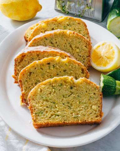 A photo of slices of zucchini bread on a plate.