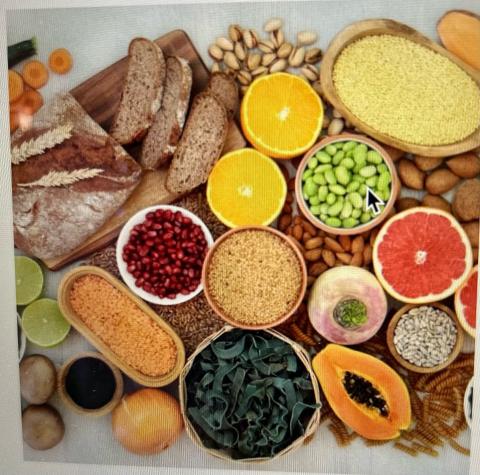 A color photo of an assortment of healthy foods.