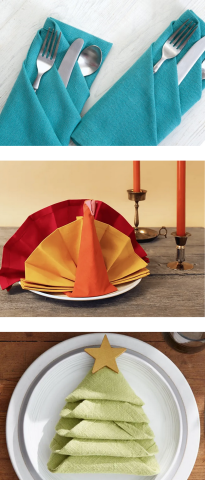 Three pictures of napkin folds.