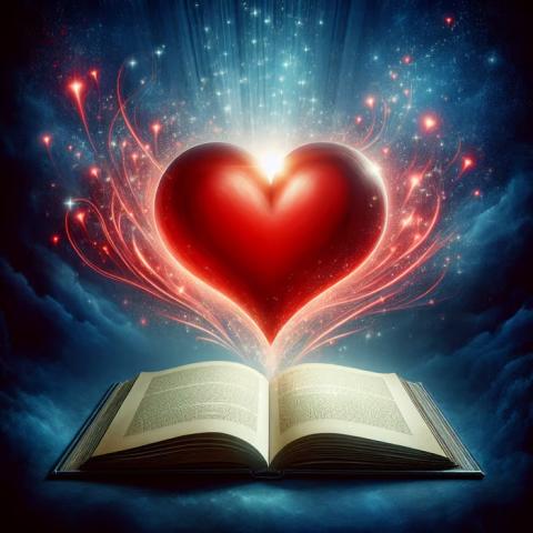 A graphic with a heart rising out of an open book.