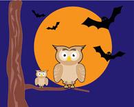 Flying bats and owls in tree with big orange moon