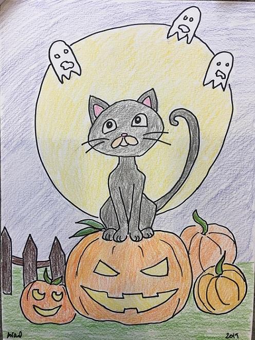 Drawing of a black cat with pumpkins