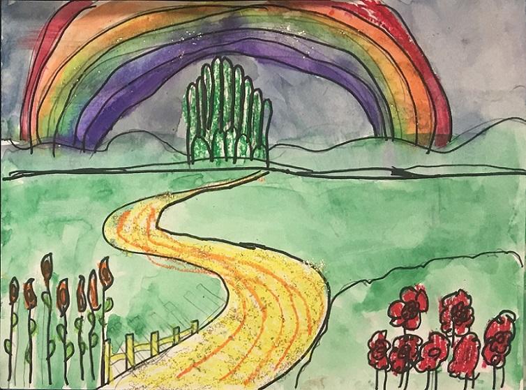 drawing of yellow brick road and Emerald City