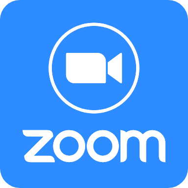 Graphic of the logo for Zoom, which features a white video camera icon on a blue background.