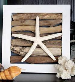 Photo of a piece of art featuring driftwood layered in a white frame and topped with a starfish. 