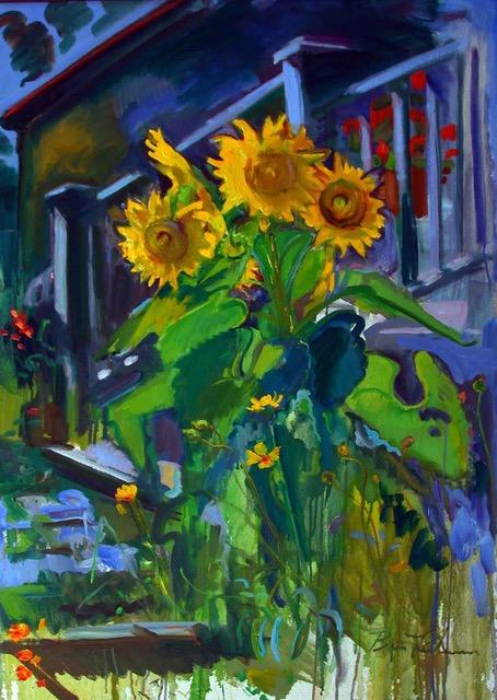 An image of an oil painting featuring three sunflowers.