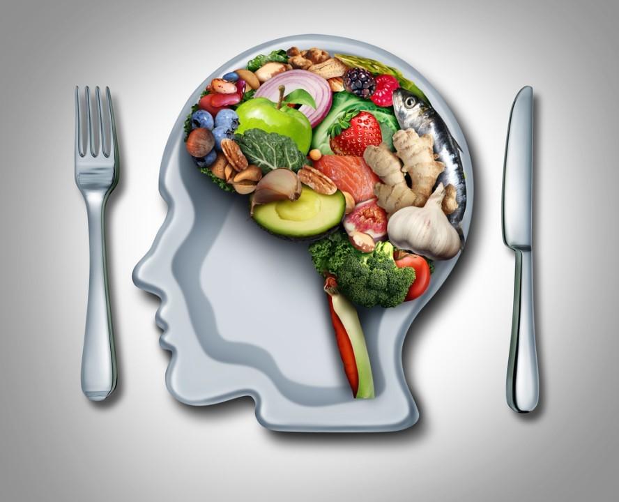 A graphic showing a knife and fork flanking a plate shaped like a human head with food items making up the brain area.