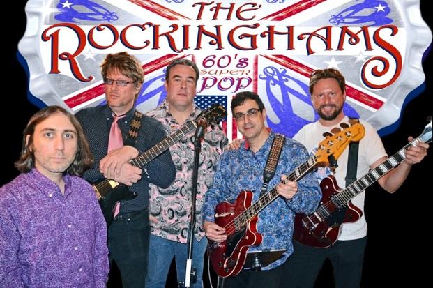 A photo of the members of the band The Rockinghams with the name of the band above their heads in red letters.