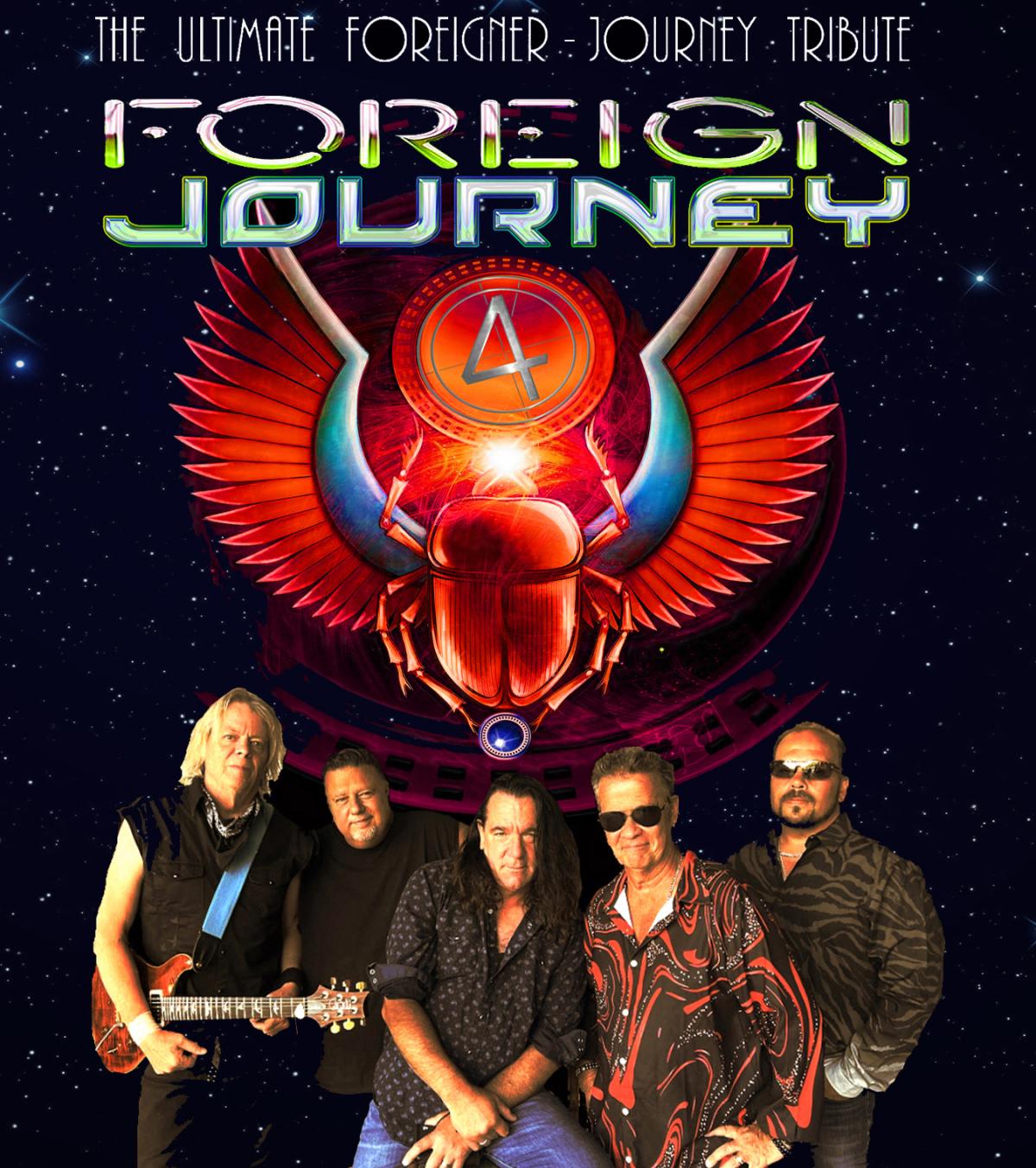 A graphic featuring members of the band Foreign Journey with their winged logo in the background.