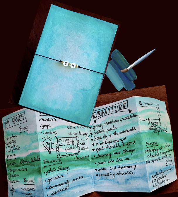 A color photo of a small blue book used as a journal.