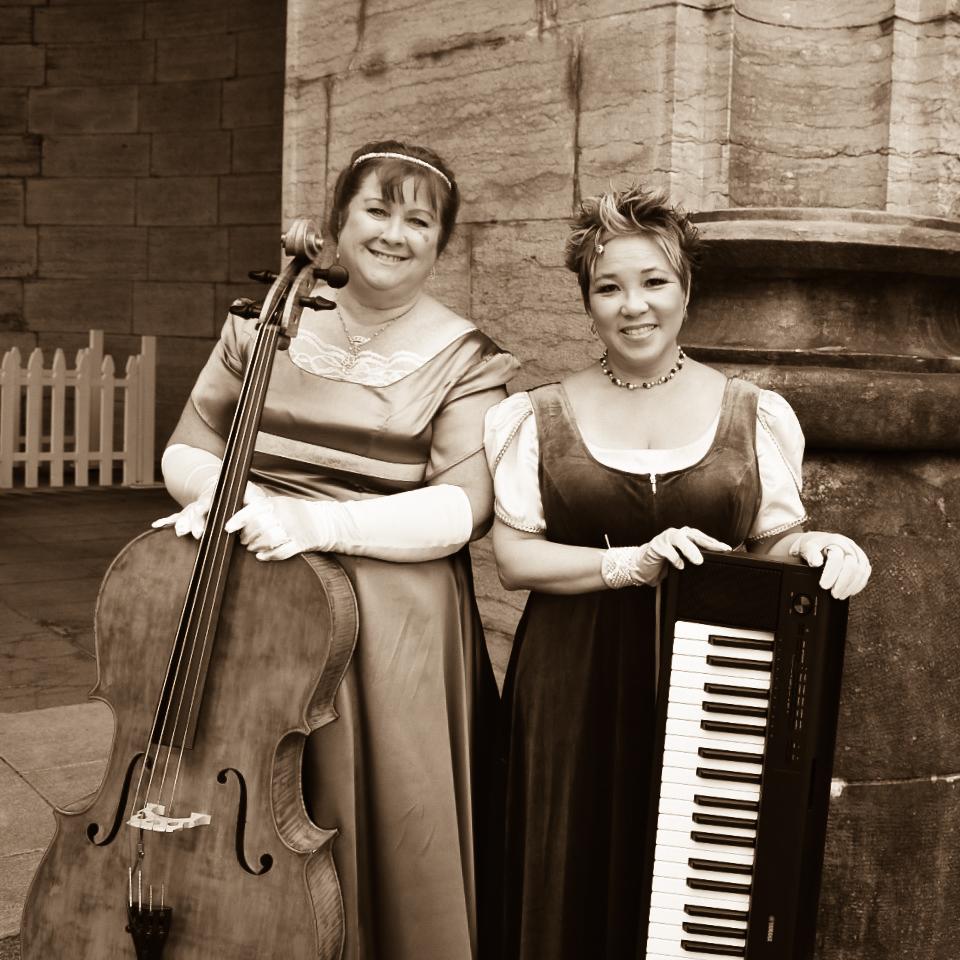 A sepia tone photo of the Shiloh Duo.