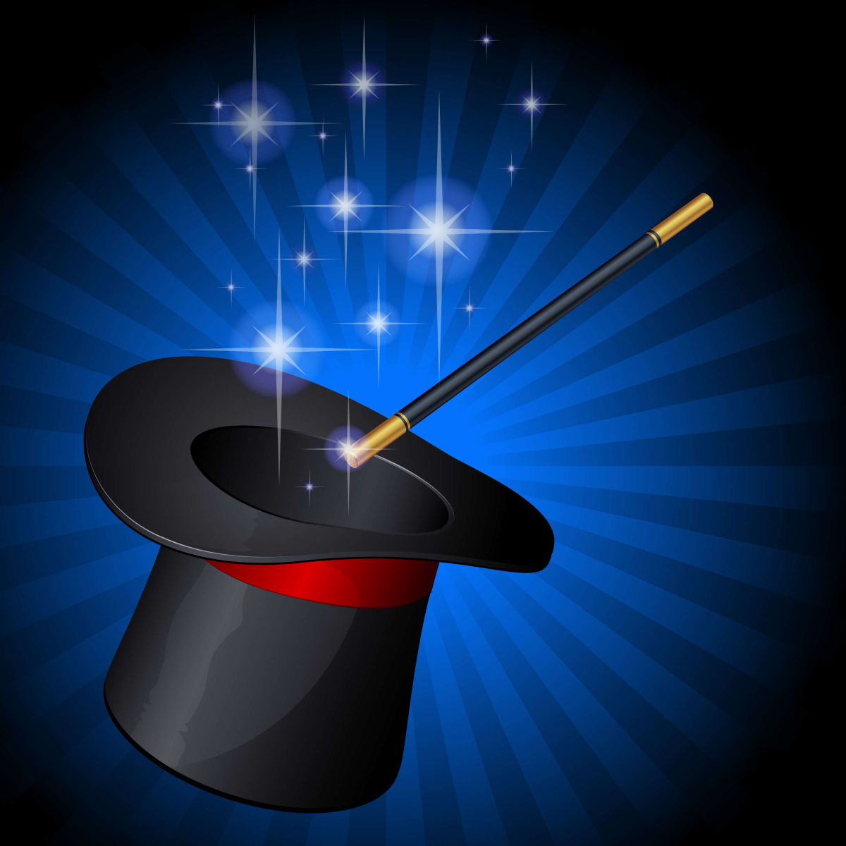 A graphic featuring a magician's top hat and wand.