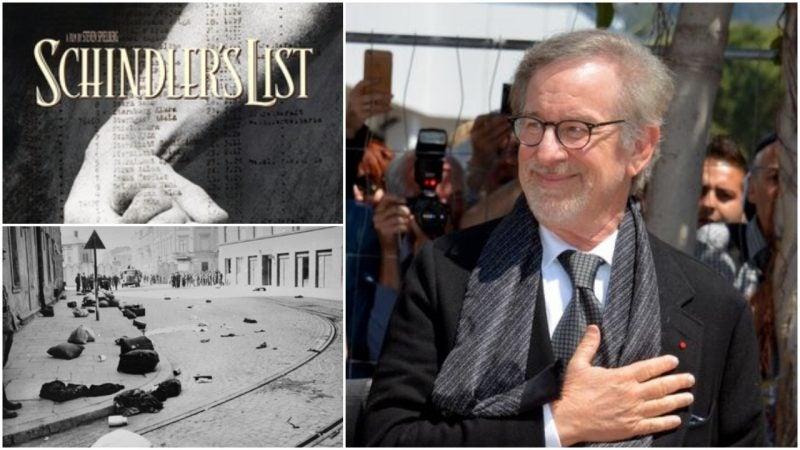 A graphic with a photo of Steven Spielberg and images from the movie Schindler's List.