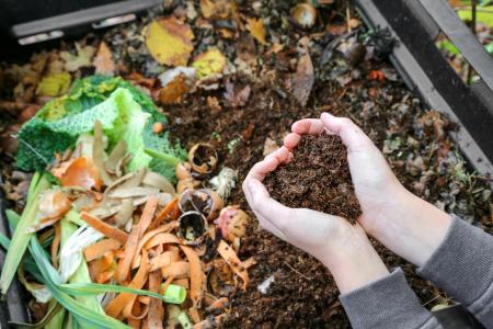 A photo of hands holding compost over a compost bin with food scraps.
