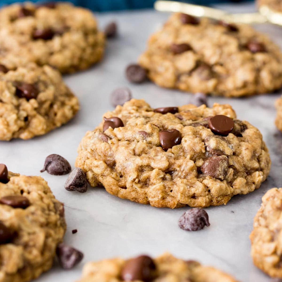 A color photo of oatmeal chocolate chip cookies.