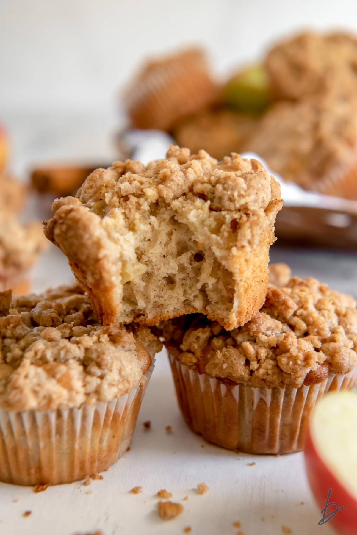 A color photo of apple crumb muffins.