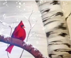 A painting of a cardinal in a birch tree.