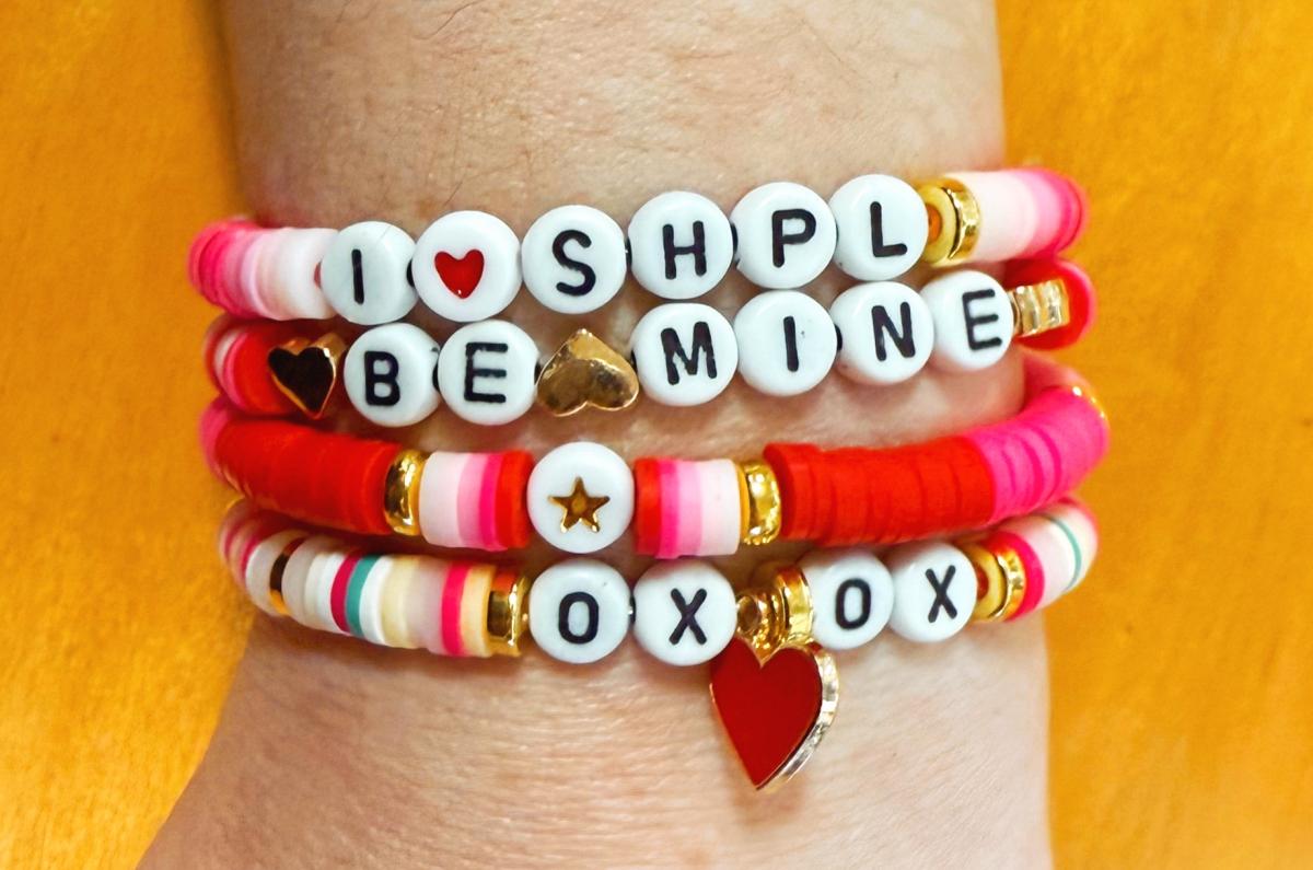 A photo of beaded Valentine's Day bracelets.